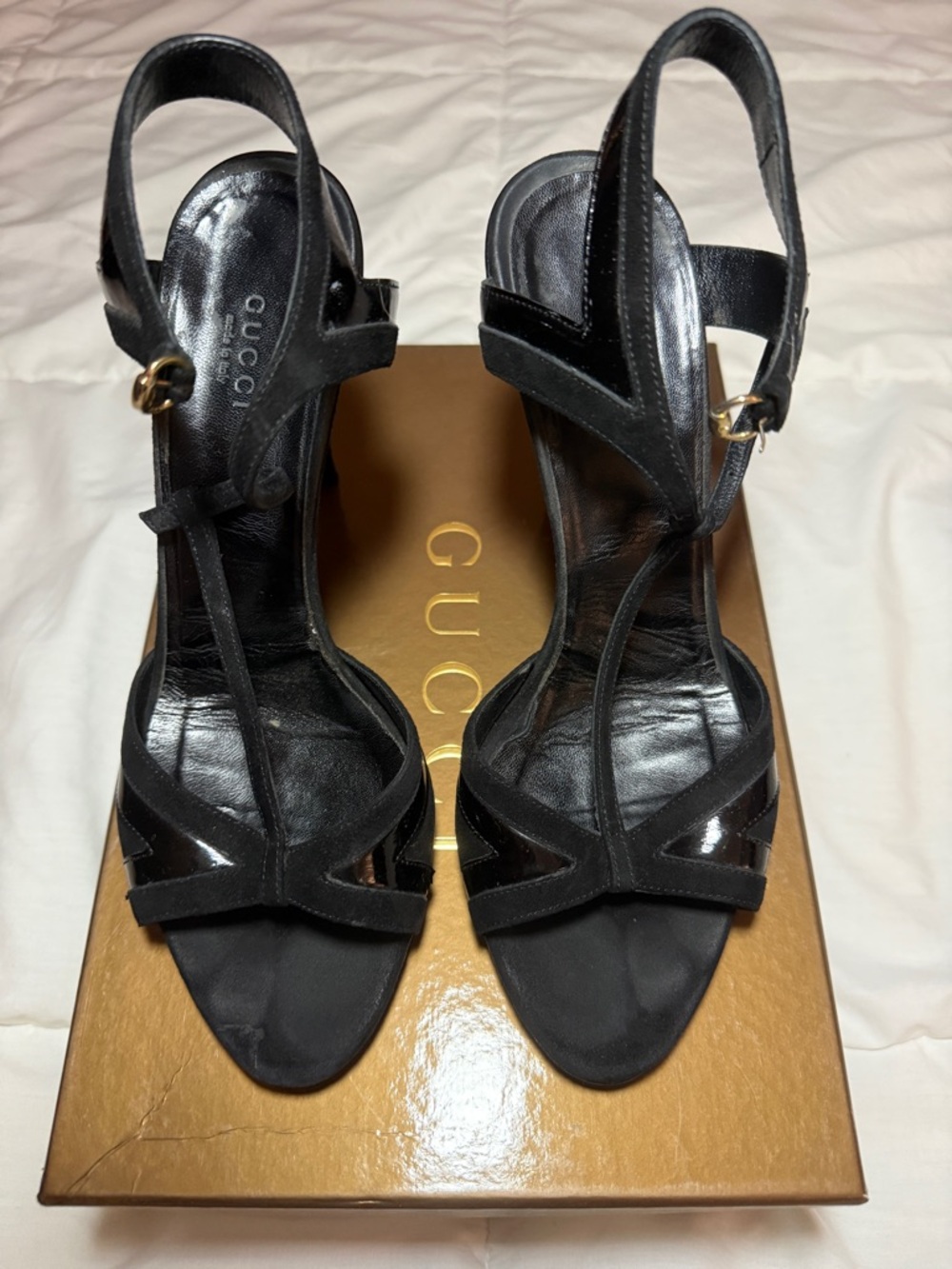 Gucci Black T-Strap Leather & Suede Heels with Gold Buckle